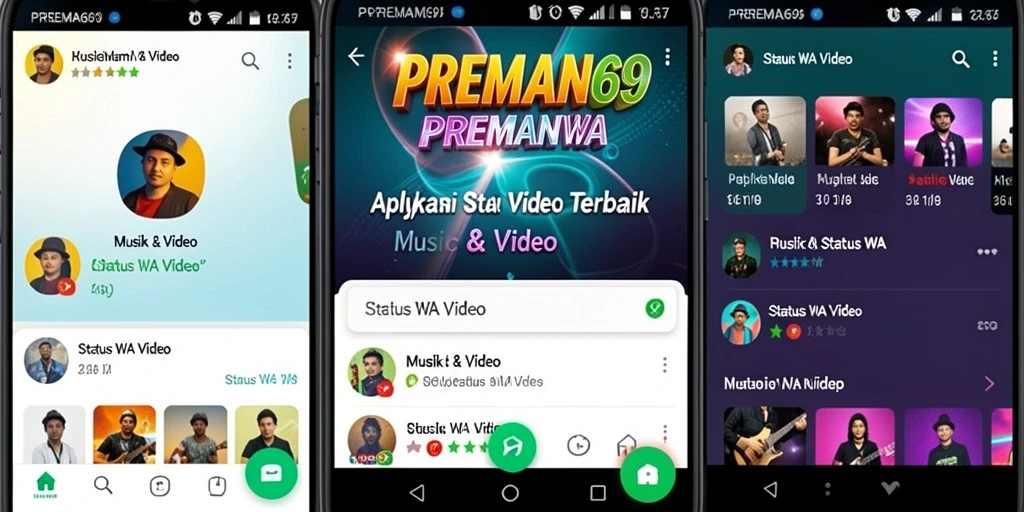 Antarmuka aplikasi PREMAN69 dengan berbagai pilihan video Status WA.